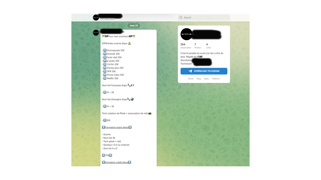 Un exemple de chaîne telegram proposant des services illégaux de smishing.