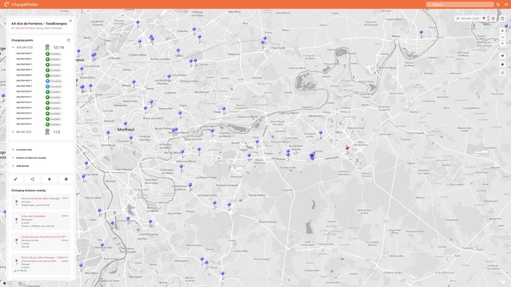 Chargefinder permet de filtrer sur les bornes que l'on veut voir, avec l'occupation en temps réel // Source : Chargefinder