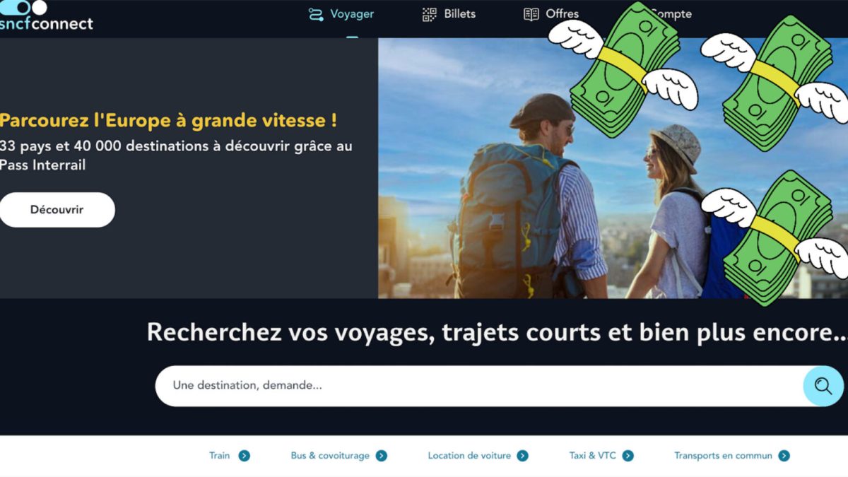 Sur le site de la SNCF, une offre de cashback discutable. // Source : SNCF Connect. Capture d'écran Numerama. Montage Canva. 