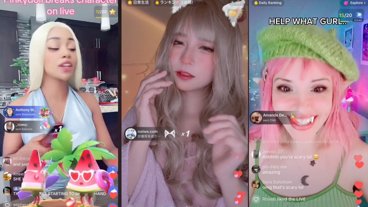 La nouvelle tendance TikTok des lives PNJ // Source : Pinkydoll,natuecoco et cherrycrush sur TikTok. Montage Numerama avec Canva.