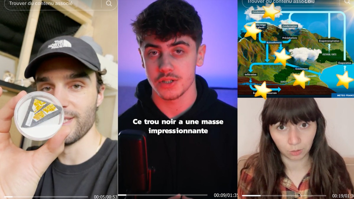 Ces créatrices et créateurs de contenu font de la vulgarisation scientifique sur TikTok.  // Source : G.eauscience, nozman, zebroloss sur TikTok. Montage Canva.