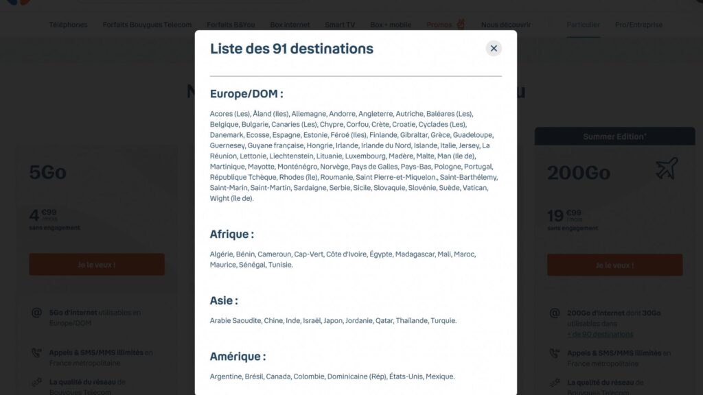 La liste des pays compris dans le forfait Summer Edition // Source : Bouygues