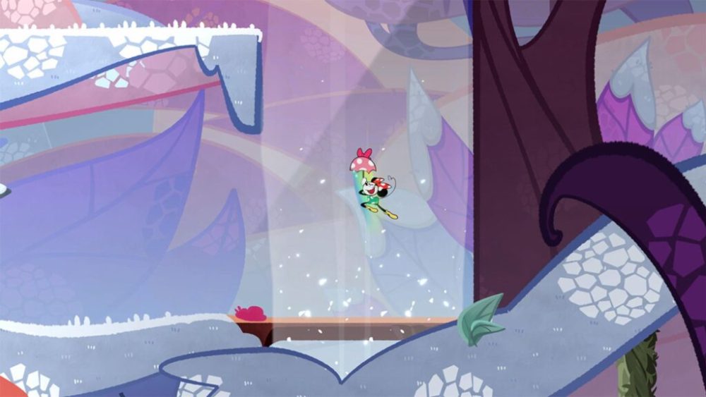Minnie se laisse porter dans les airs pour atteindre d'autres plateformes dans Disney Illusion Island