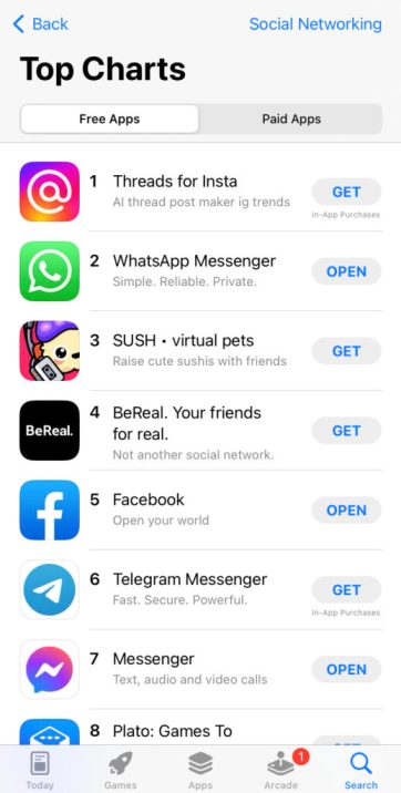 L'app est numéro un en réseaux sociaux sur iOS. // Source : Capture d'écran Numerama.