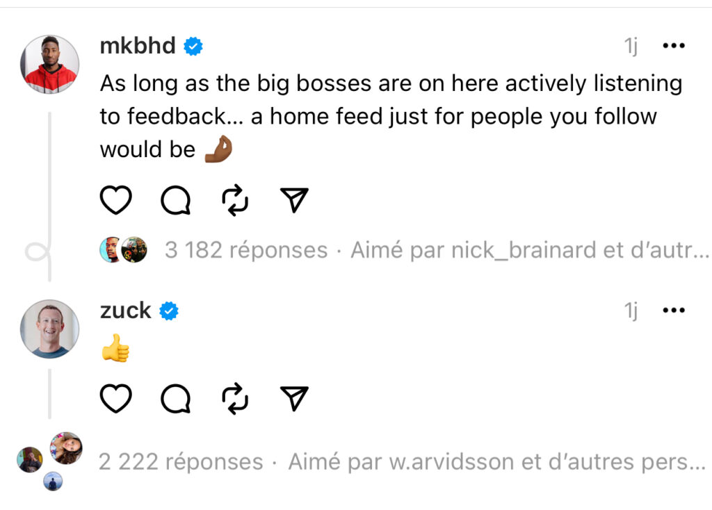 Mark Zuckerberg lui-même fait le SAV de Threads, ici sur le flux chronologique.