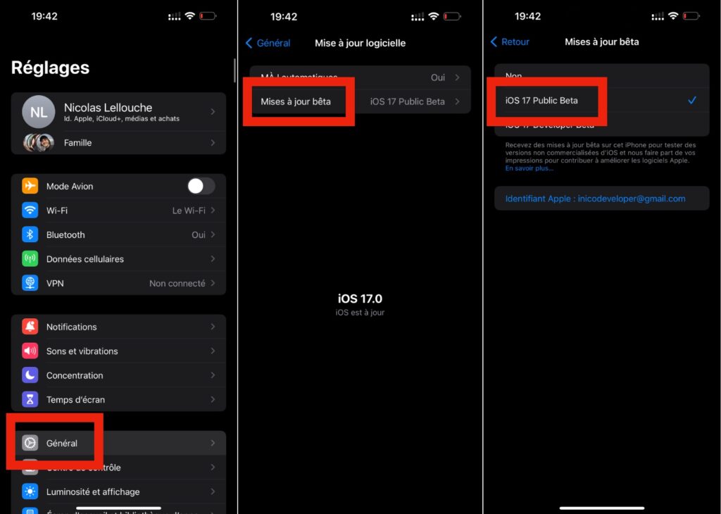 Pour activer iOS 17 bêta, rendez-vous dans les réglages.