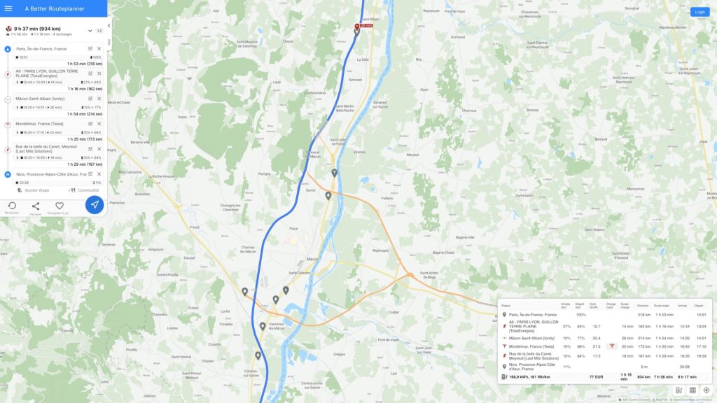 Les différents chargeurs rapides à proximité de Mâcon // Source : ABRP