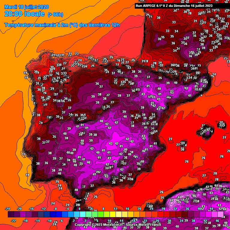 Les températures au sud de l'Europe le mardi 18 juillet. // Source : Meteo France / partagé par Serge Zaka