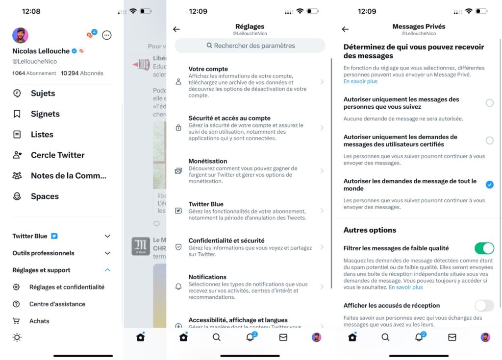 L'ouverture des DM depuis l'application.