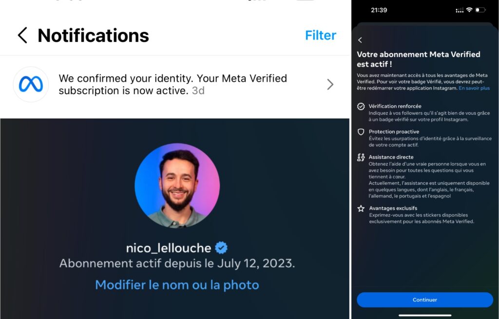 En allant sur Instagram, j'ai remarqué que mon badge bleu était apparu. Il y avait aussi une petite notification pour m'informer de la validation de mon identité.