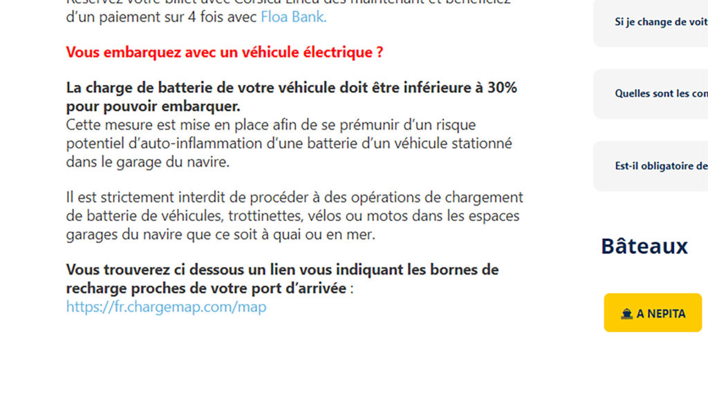 Ex du message d'avertissement VE/Ferry pour Corsica Linea // Source : site lacentraledesferries