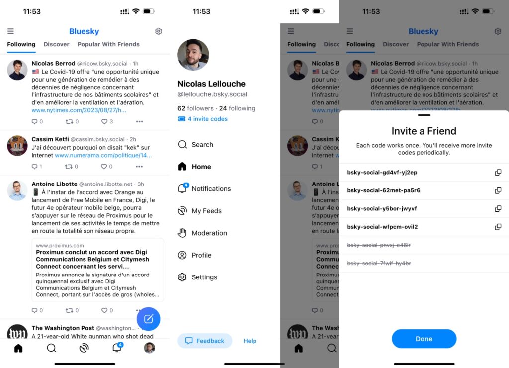 Oui, il y a 4 codes valables pour s'inscrire sur Bluesky dans cette capture. Faites vite ! Oui, il y a 4 codes valables pour s'inscrire sur Bluesky dans cette capture. Faites vite !