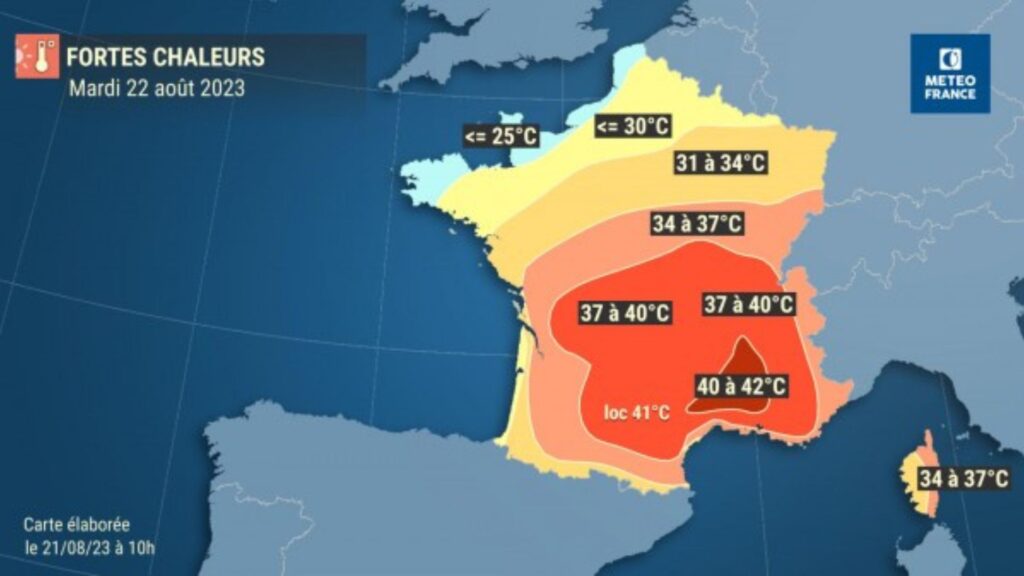 Temperatures forecast for Tuesday August 22, 2023. // Source: Météo-France