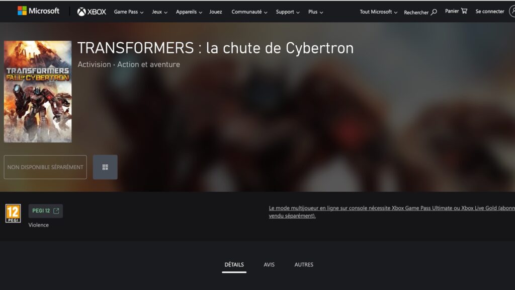 Les jeux Transformers édités par Activision sont indisponibles à l'achat // Source : Capture Xbox Store