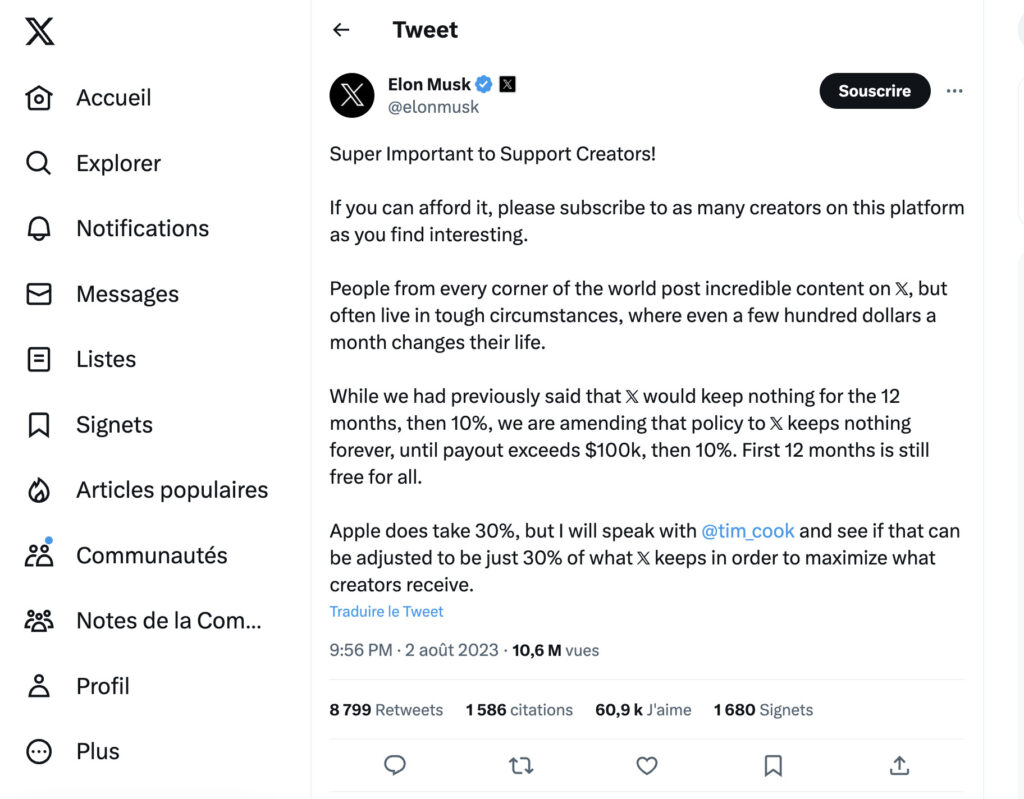 La publication d'Elon Musk sur le pourcentage prélevé par l'App Store.