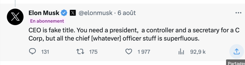 Elon Musk remet en cause l'existence du titre de CEO.