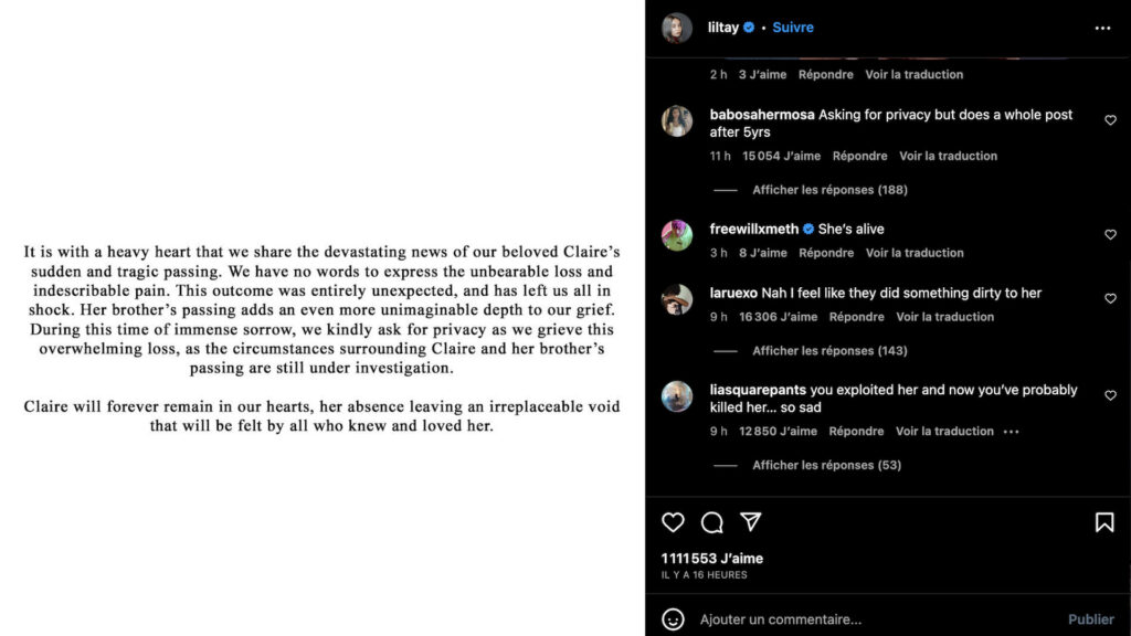L'entourage de Lil Tay a posté ce message annonçant sa mort, le mercredi 9 août. // Source : Instagram de Lil Tay. 