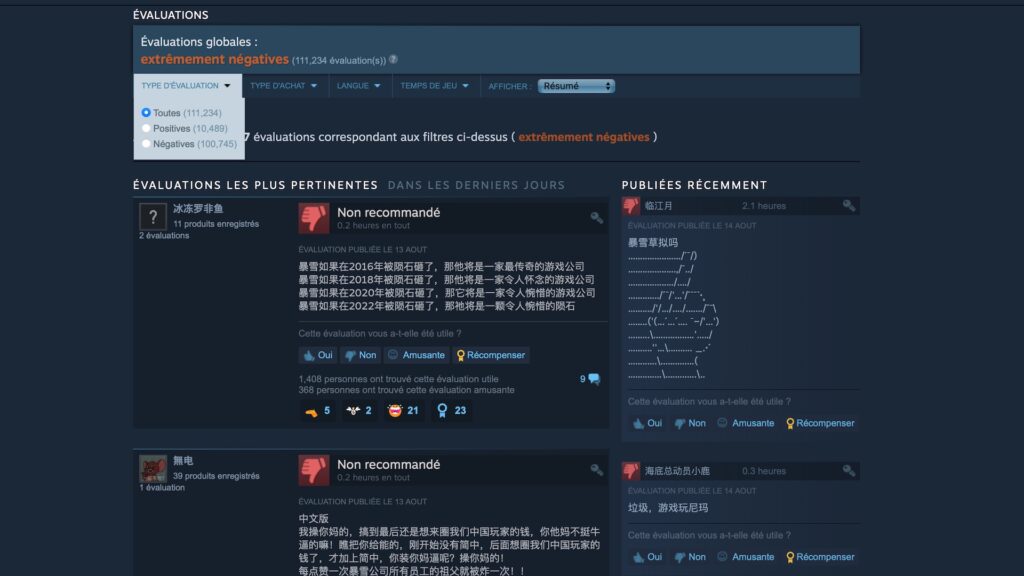 Les évaluations d'Overwatch 2 sur Steam // Source : Capture d'écran