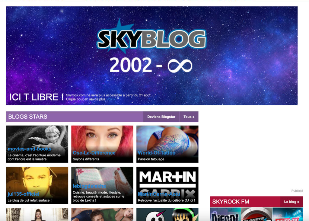 La page d'accueil de Skyblog, le 21 août 2023 // Source : Capture d'écran Numerama