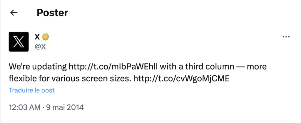 Ce tweet publié en mai 2014 est victime du bug. Les liens t.co ne sont pas perçus par X comme des liens, mais comme du texte.