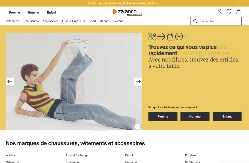 La page d'accueil de Zalando, qui ressemble à un site de e-commerce normal.