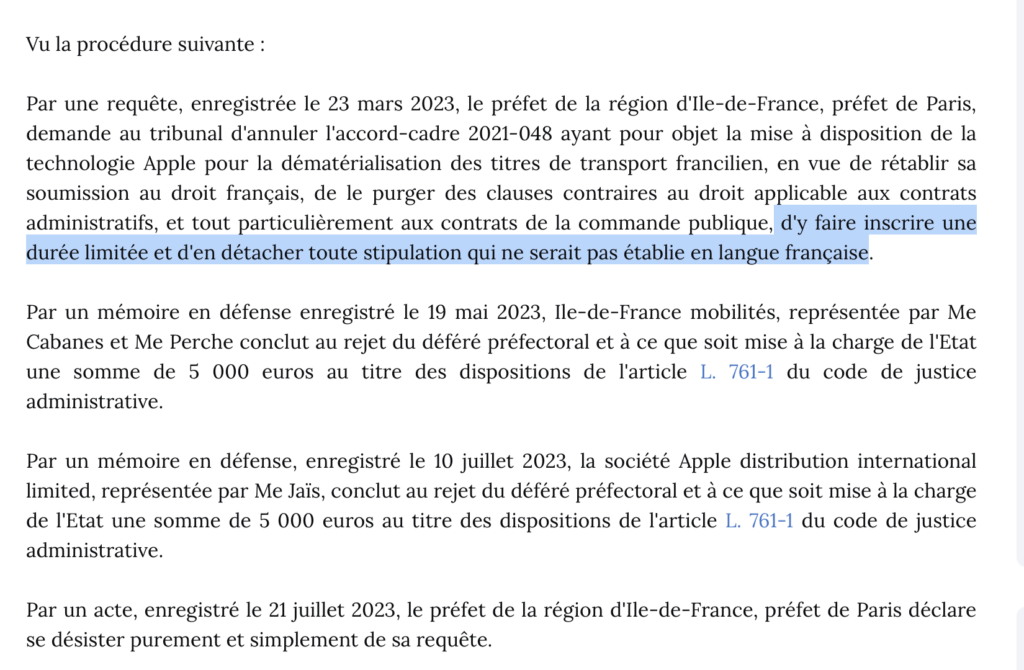 Le Préfet reprochait notamment la nature illimitée du contrat, alors qu’une date d’expiration est obligatoire légalement. Apple et ÎdFM se sont conformés. // Source : Tribunal administratif de Paris