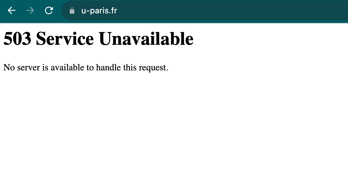 La page d'acceuil du site u-paris.fr indisponible ce 31 août à 17h. // Source : Numerama