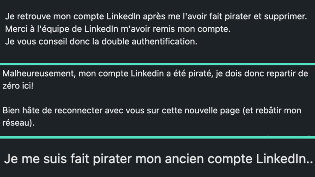 Quelques publications de comptes témoignant d'un piratage. // Source : Numerama
