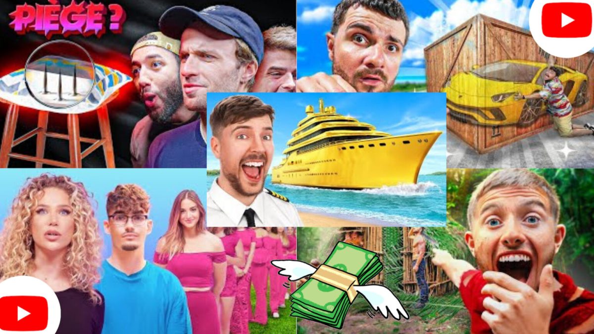 Les superproductions à concept, la grosse tendance sur Youtube.  // Source : Vidéos Youtube de Squeezie, d'Amixem, d'Océane, de Mr Beast et de Michou. Montage Numerama avec Canva. 