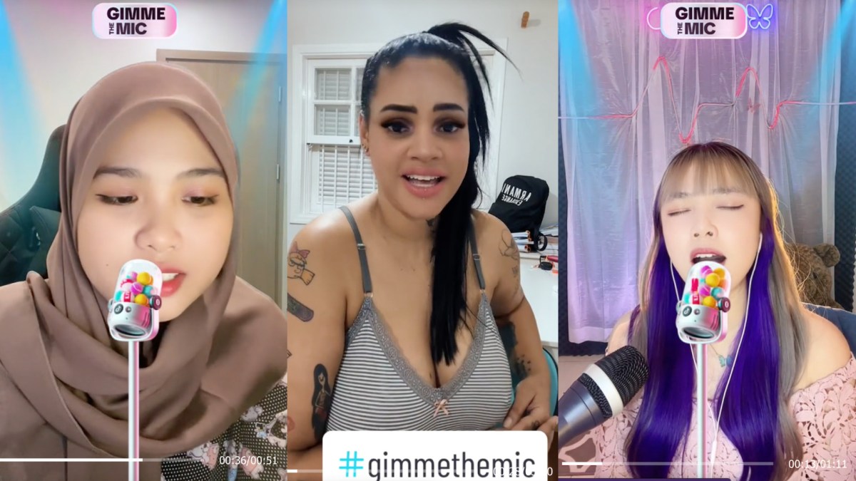 Des participants du monde entier au concours de chant lancé par TikTok. // Source : TikTok de @vidhiarahma99, @cece_caramel, @flaviadelmnoinsta. Montage Numerama avec Canva. 