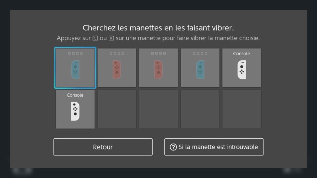 Le menu pour faire vibrer une manette.