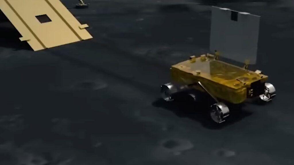 Le rover de Chandrayaan-3 sur la Lune, vue d'artiste. // Source : Capture d'écran YouTube Industan Times