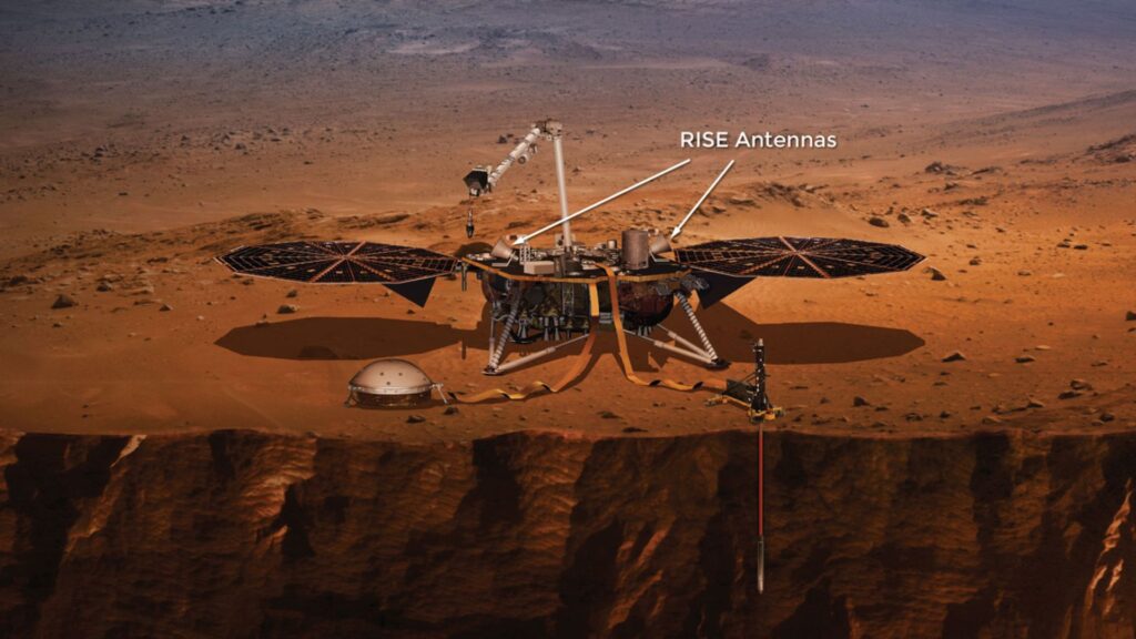 Vue d'artiste d'InSight sur Mars et son instrument RISE. // Source : Nasa