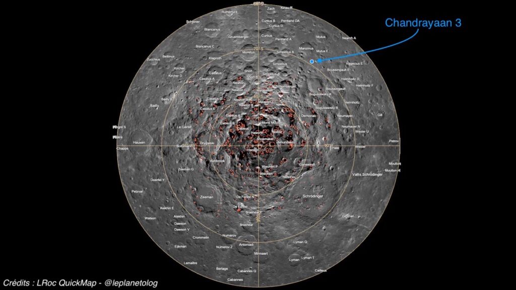 L'emplacement sur la zone sud de la Lune où Chandrayaan-3 s'est posée // Source : X/leplanetolog