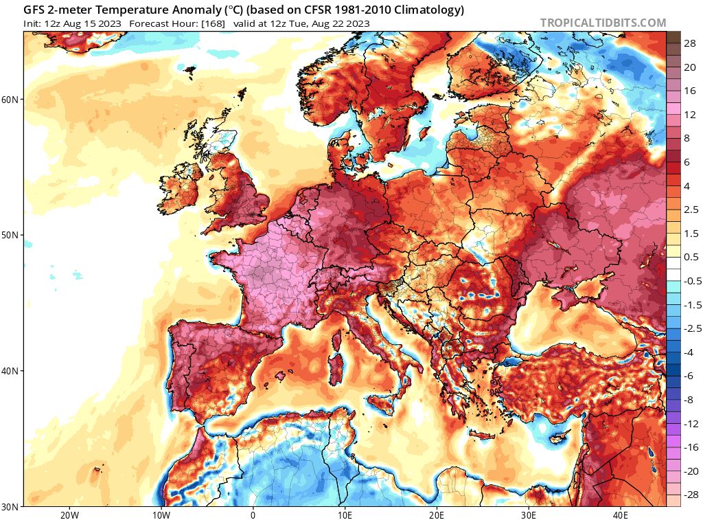Carte des anomalies de température en août 2023 par rapport aux normales 1980-2010. // Source : Serge Zaka/TropicalTidBits