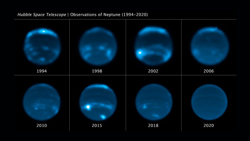 L'évolution des nuages sur Neptune. // Source : NASA, ESA, Erandi Chavez (UC Berkeley), Imke de Pater (UC Berkeley)
