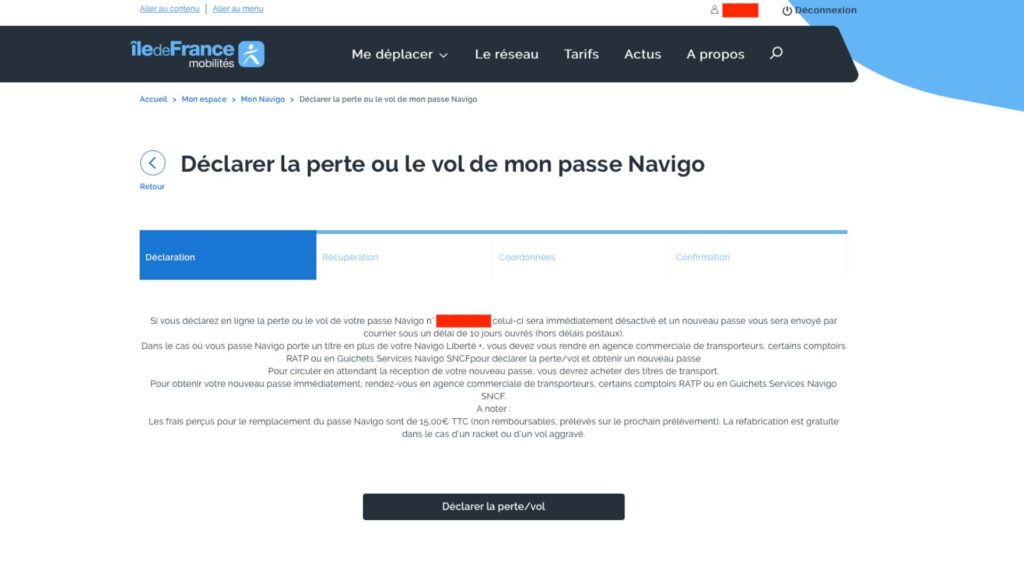 Déclaration de perte d'un passe Navigo Liberté+. // Source : Capture d'écran Île-de-France Mobilités