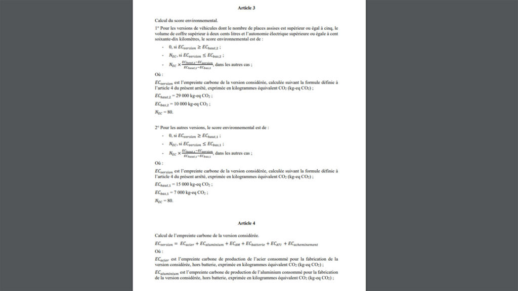 Formule de calcul du score environnemental // Source : Projet d'arrêté