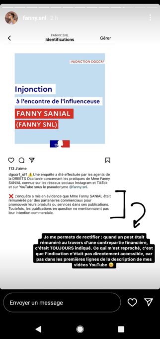 Le message de FannySNL sur Instagram // Source : Capture d'écran Numerama