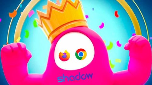 Le logo de Fall Guys avec les logos de Shadow, Firefox et Chrome. // Source : Montage Numerama