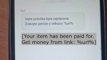 A sample SMS (in Czech) produced by Telekopye.  It is enough to introduce the fraudulent link.  // Source: ESET