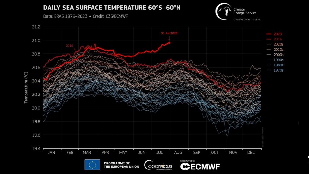 La température moyenne de la surface de la mer, juillet 2023, en comparaison des autres années. // Source : Copernicus