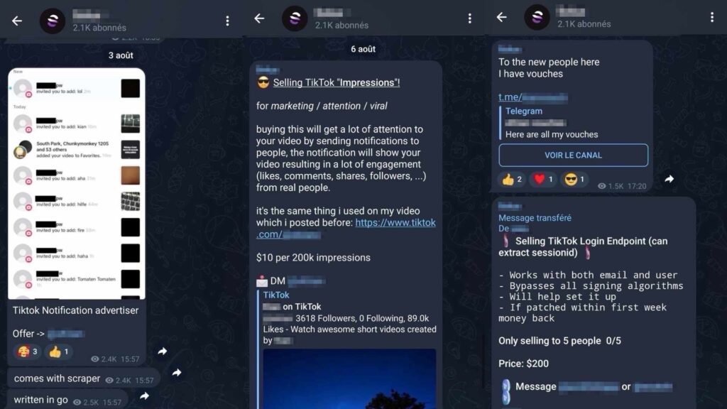 Un groupe Telegram propose de vendre des bots de notifications // Source : Captures d'écran et Montage Numerama