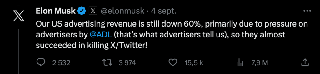 Our ad revenue in the US is still down 60%, mainly due to the pressure put on advertisers by the ADL (we are told by advertisers), which almost succeeded in killing X/Twitter !  » // Source: Numerama screenshot