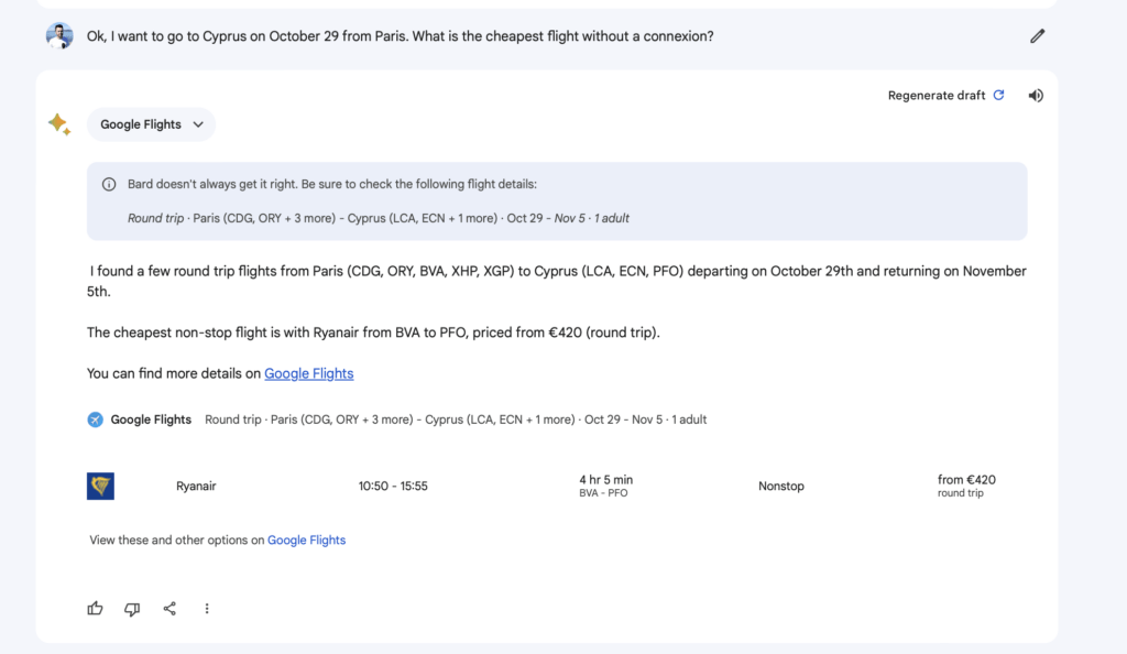 Ici, Google Bard nous trouve le vol moins cher pour Chypre.