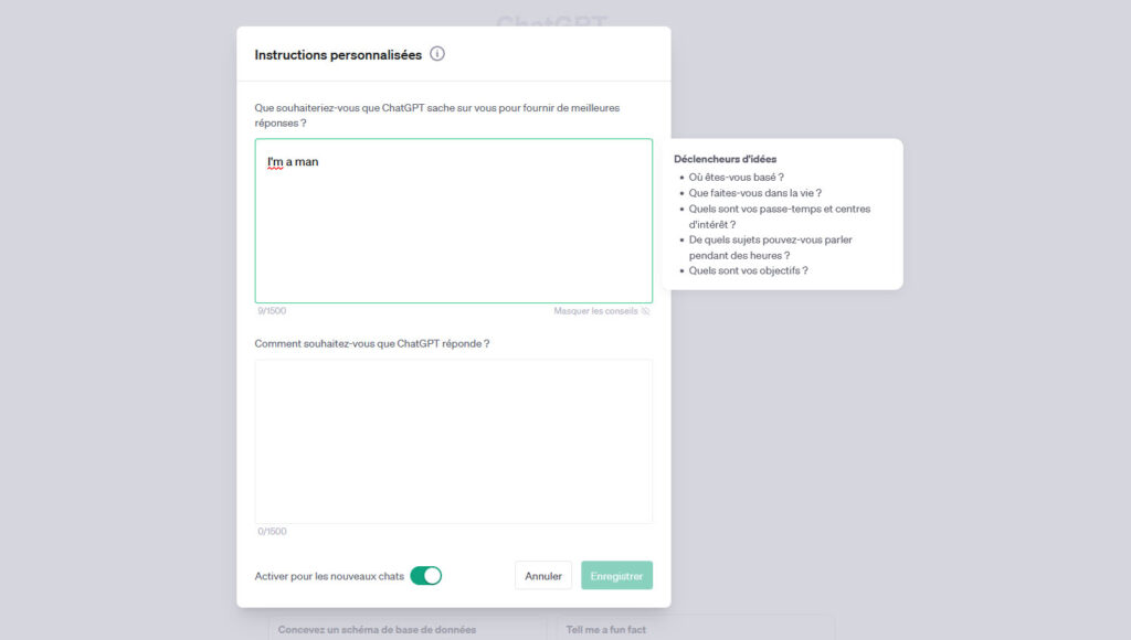 chatgpt instructions personnalisées