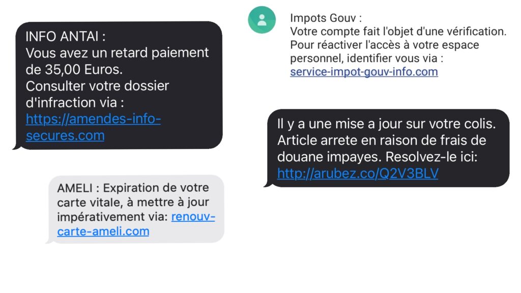 Exemples de SMS de phishing // Source : captures d'écrans