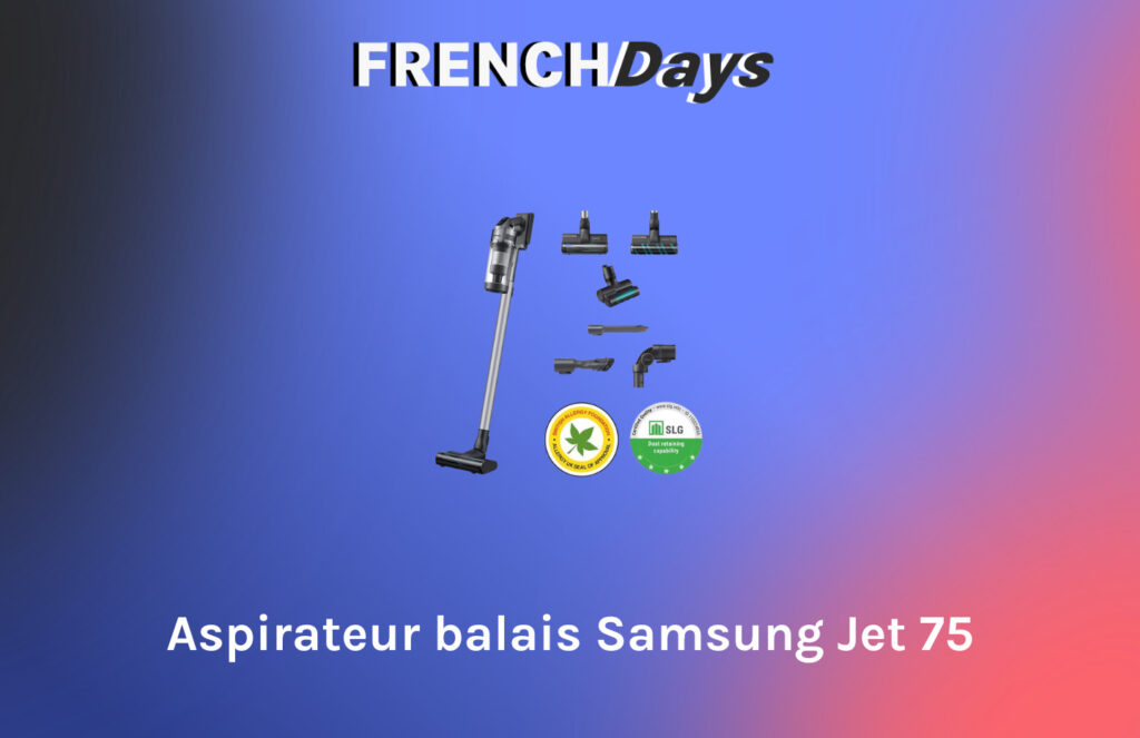 L'aspirateur balais Samsung Jet 75 et ses accessoires en promotion pour les French Days // Source : montage Numerama