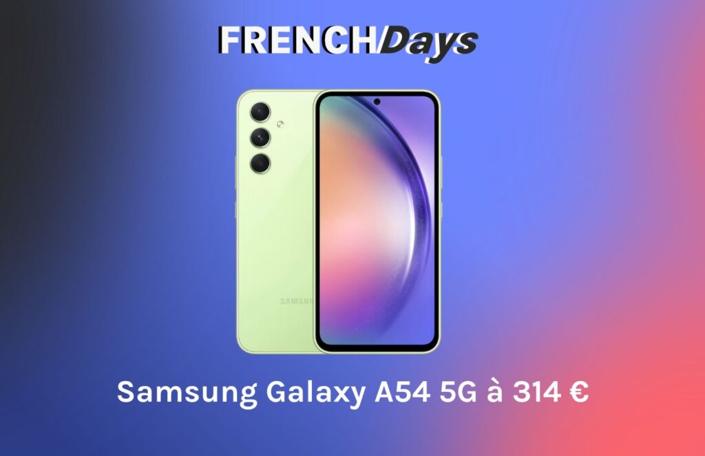 Le Samsung Galaxy A54 couleur Lime est à 314 € sur Rakuten pour les French Days // Source : montage Numerama