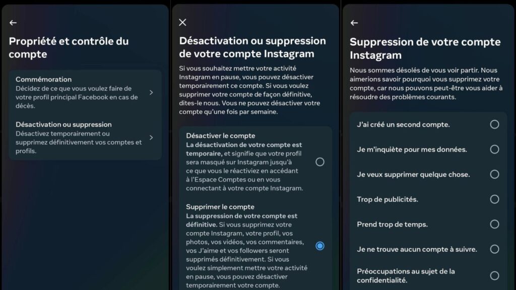 Les étapes à suivre pour supprimer son compte Instagram // Source : Capture d'écran Numerama